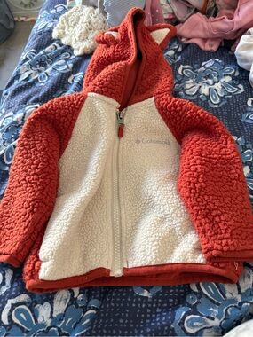 Columbia Kids Red and Cream Sherpa Zip Hoodie with Fox-Ear Hood